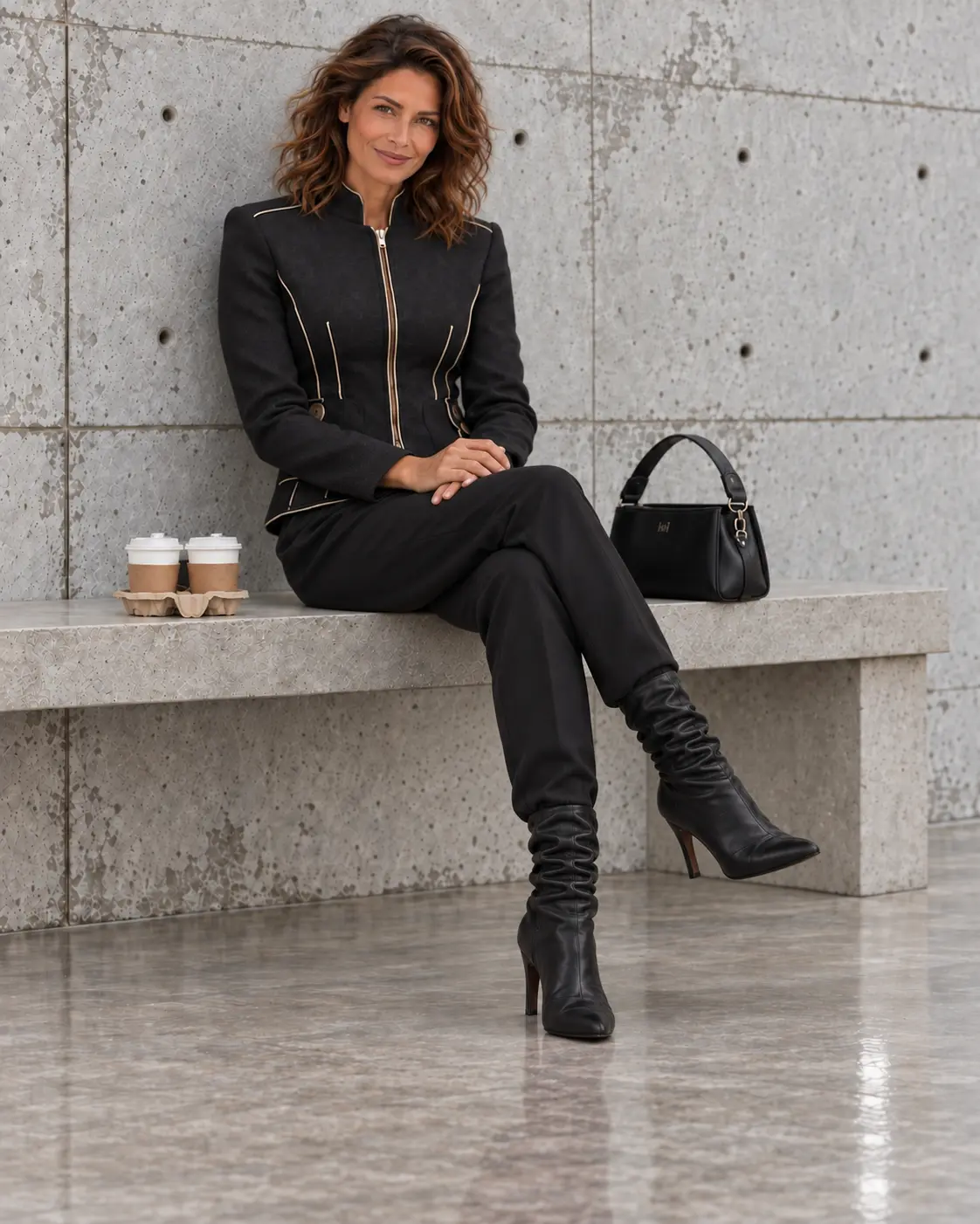 Model in a black jacket with gold piping seated on a concrete bench with coffee cups